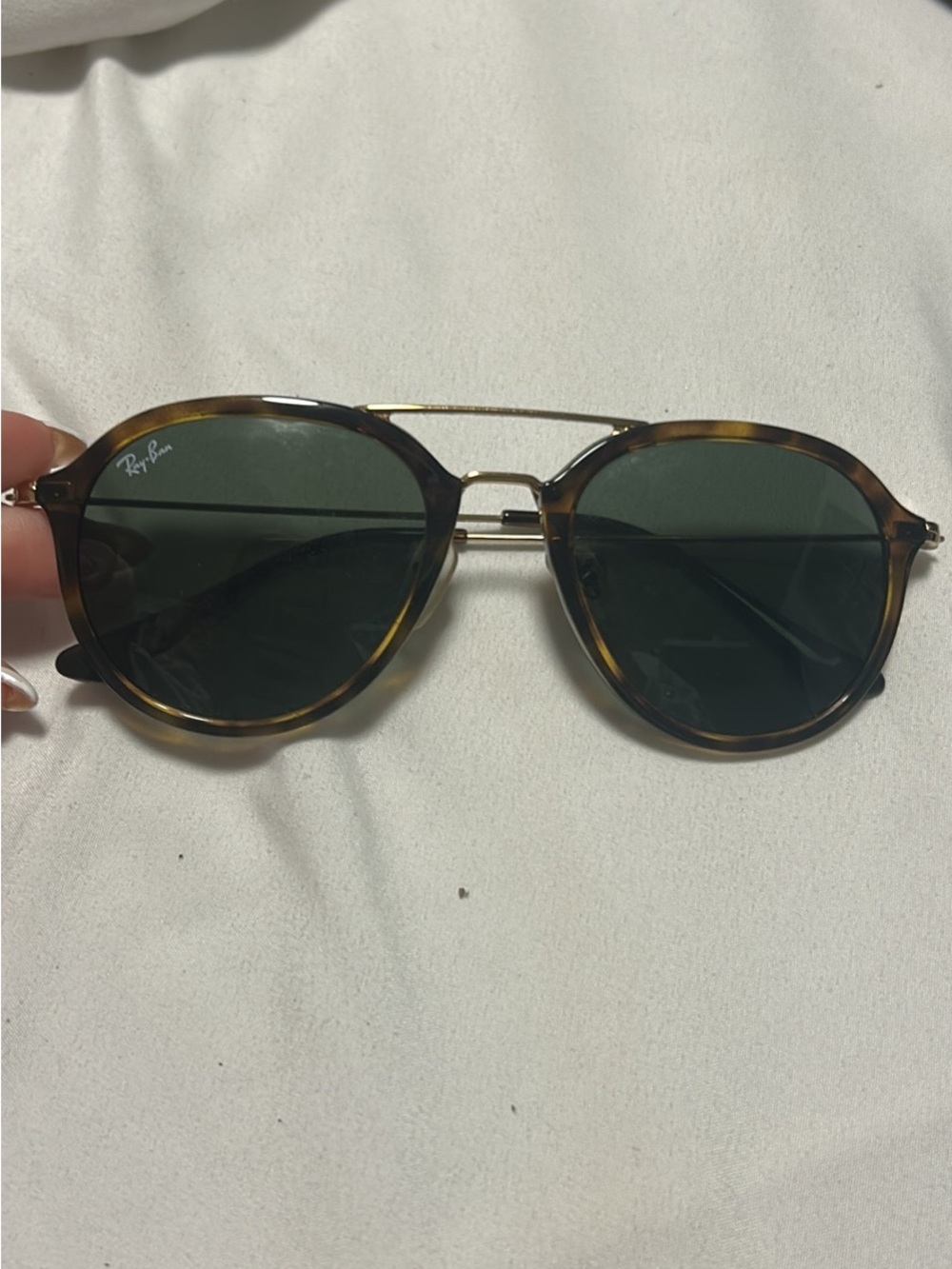 Ray-Ban Tortoise Frame Sunglasses with Green Lenses and Gold Bridge